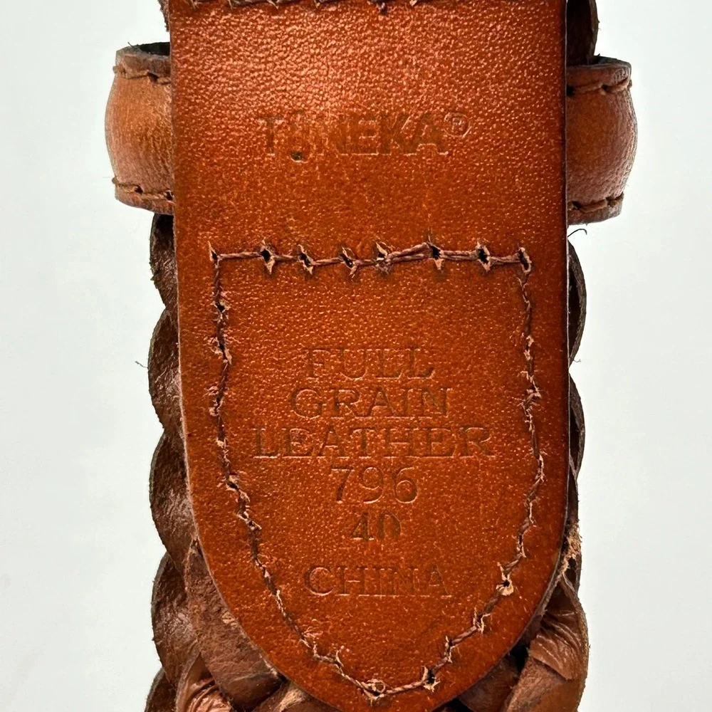 Toneka Braided Belt Brown Mens Size 40 Full Grain Leather Solid Brass Buckle EUC